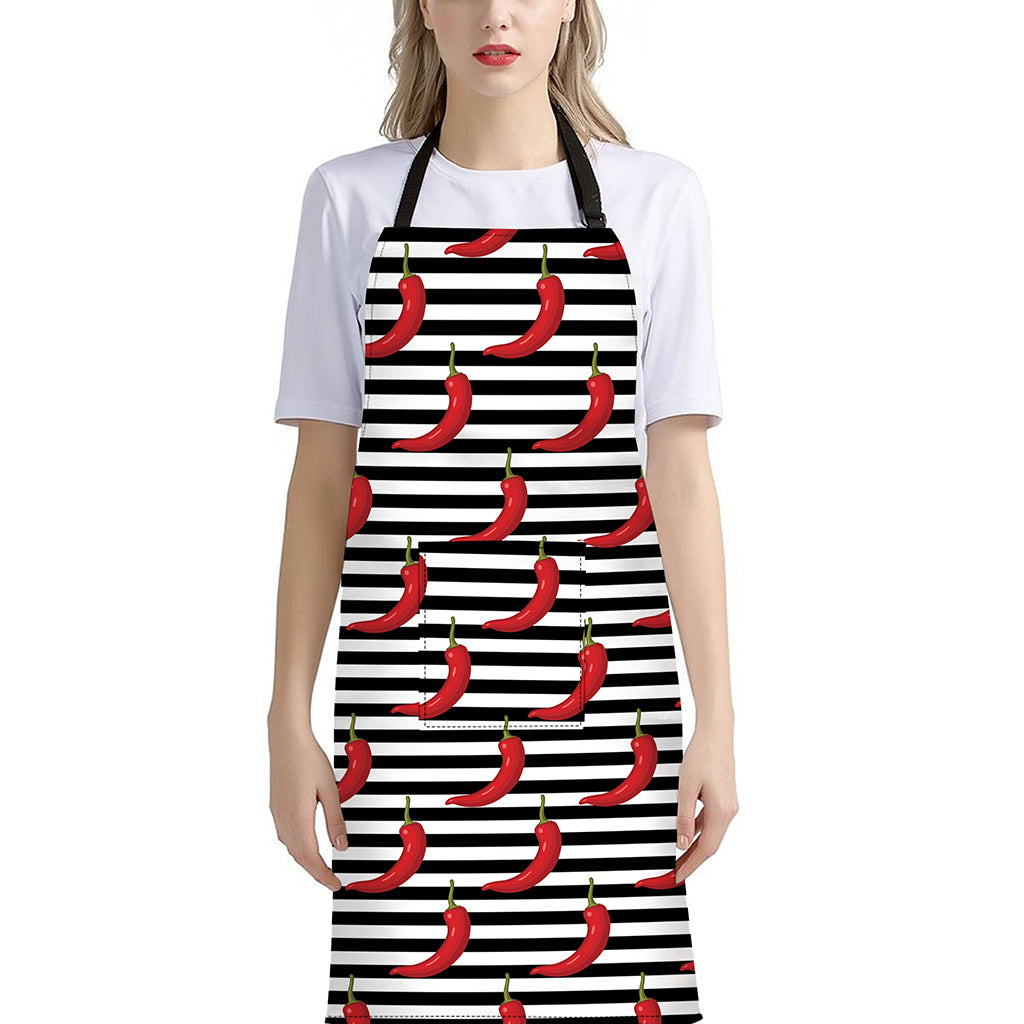 Black And White Striped Chili Print Bib Apron With Pocket
