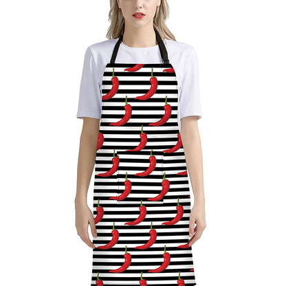 Black And White Striped Chili Print Bib Apron With Pocket