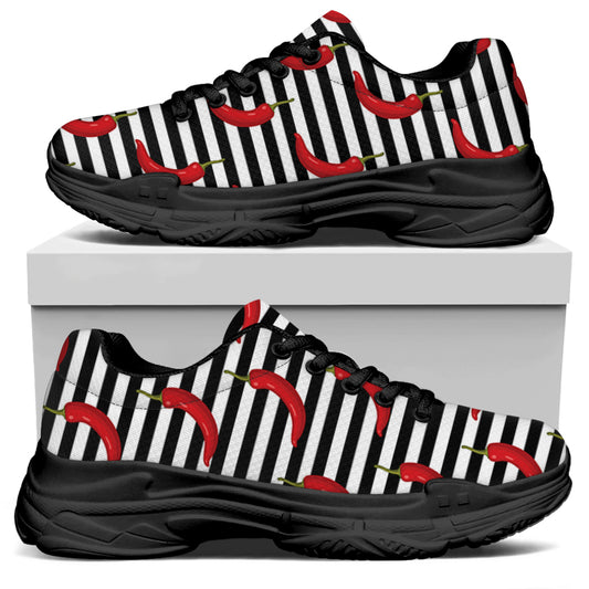 Black And White Striped Chili Print Black Chunky Shoes