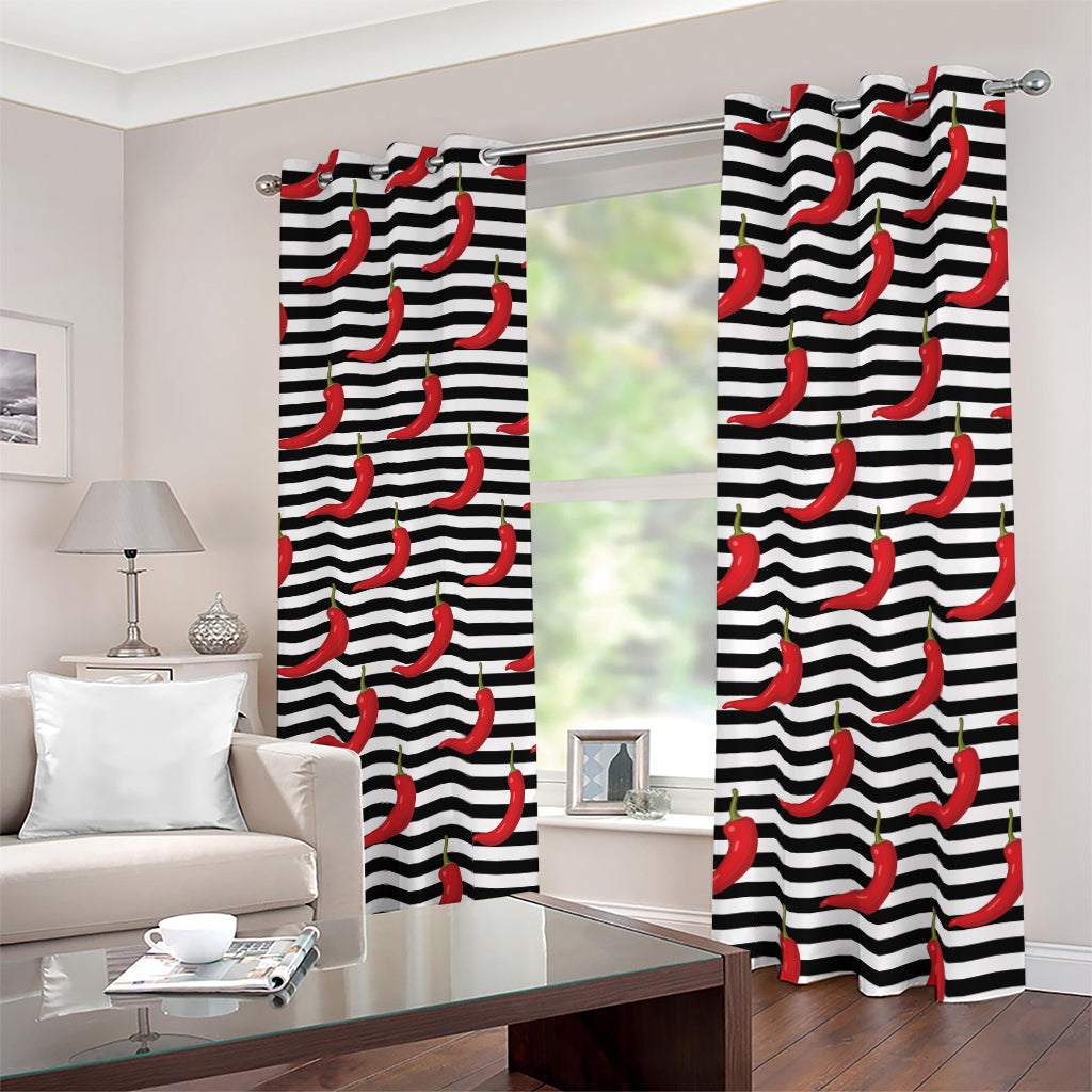 Black And White Striped Chili Print Blackout Grommet Curtains