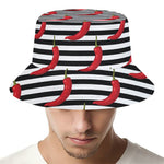 Black And White Striped Chili Print Bucket Hat