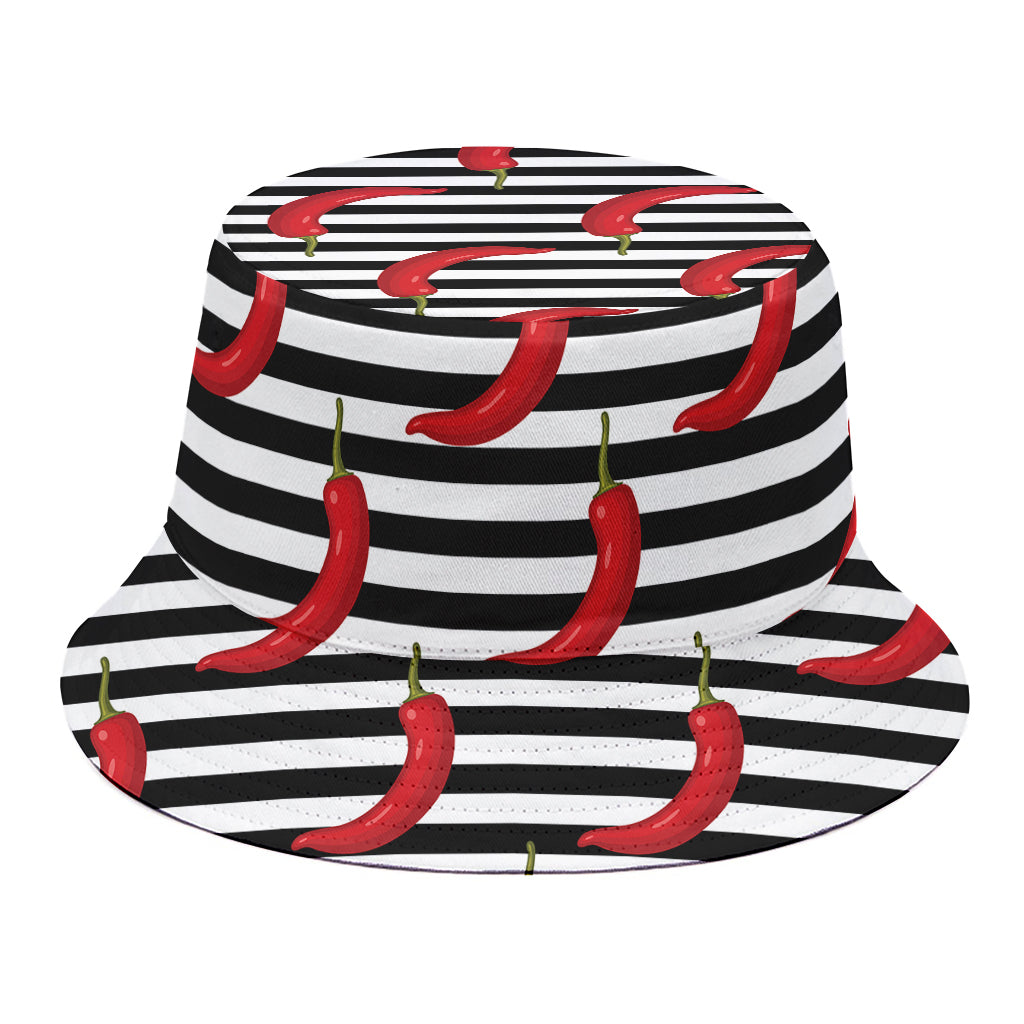 Black And White Striped Chili Print Bucket Hat