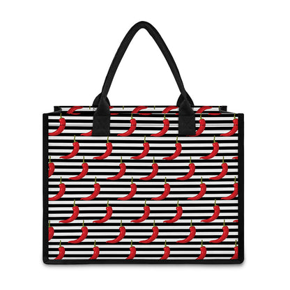 Black And White Striped Chili Print Canvas Tote Bag