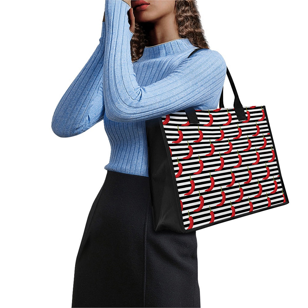Black And White Striped Chili Print Canvas Tote Bag