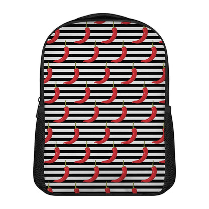Black And White Striped Chili Print Casual Backpack