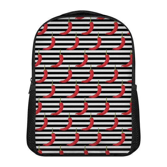Black And White Striped Chili Print Casual Backpack
