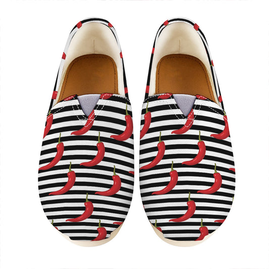 Black And White Striped Chili Print Casual Shoes