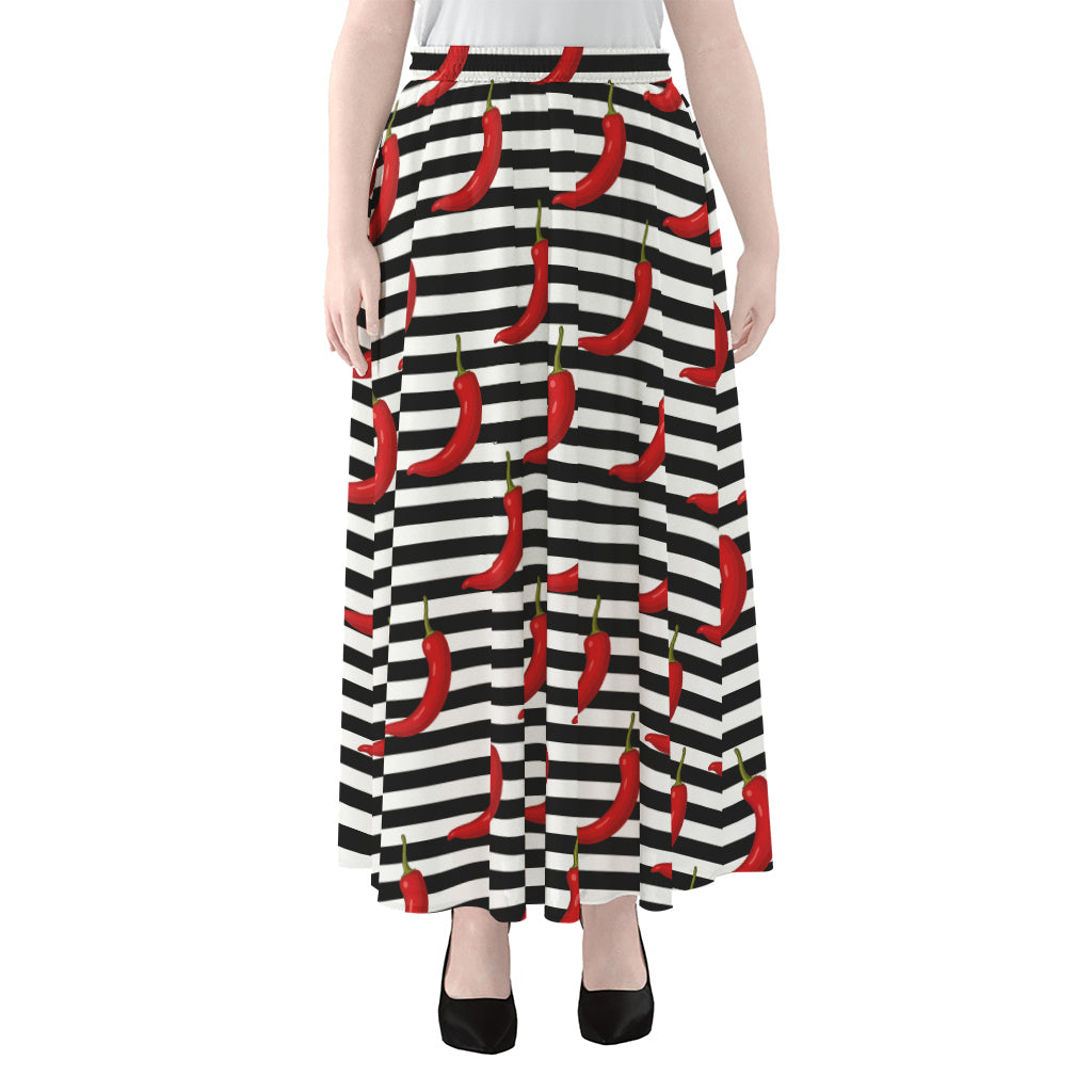 Black And White Striped Chili Print Chiffon Maxi Skirt