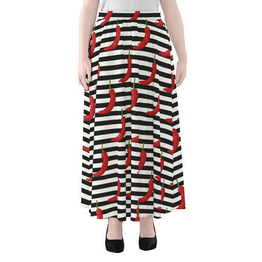 Black And White Striped Chili Print Chiffon Maxi Skirt