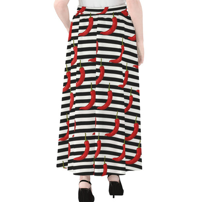 Black And White Striped Chili Print Chiffon Maxi Skirt