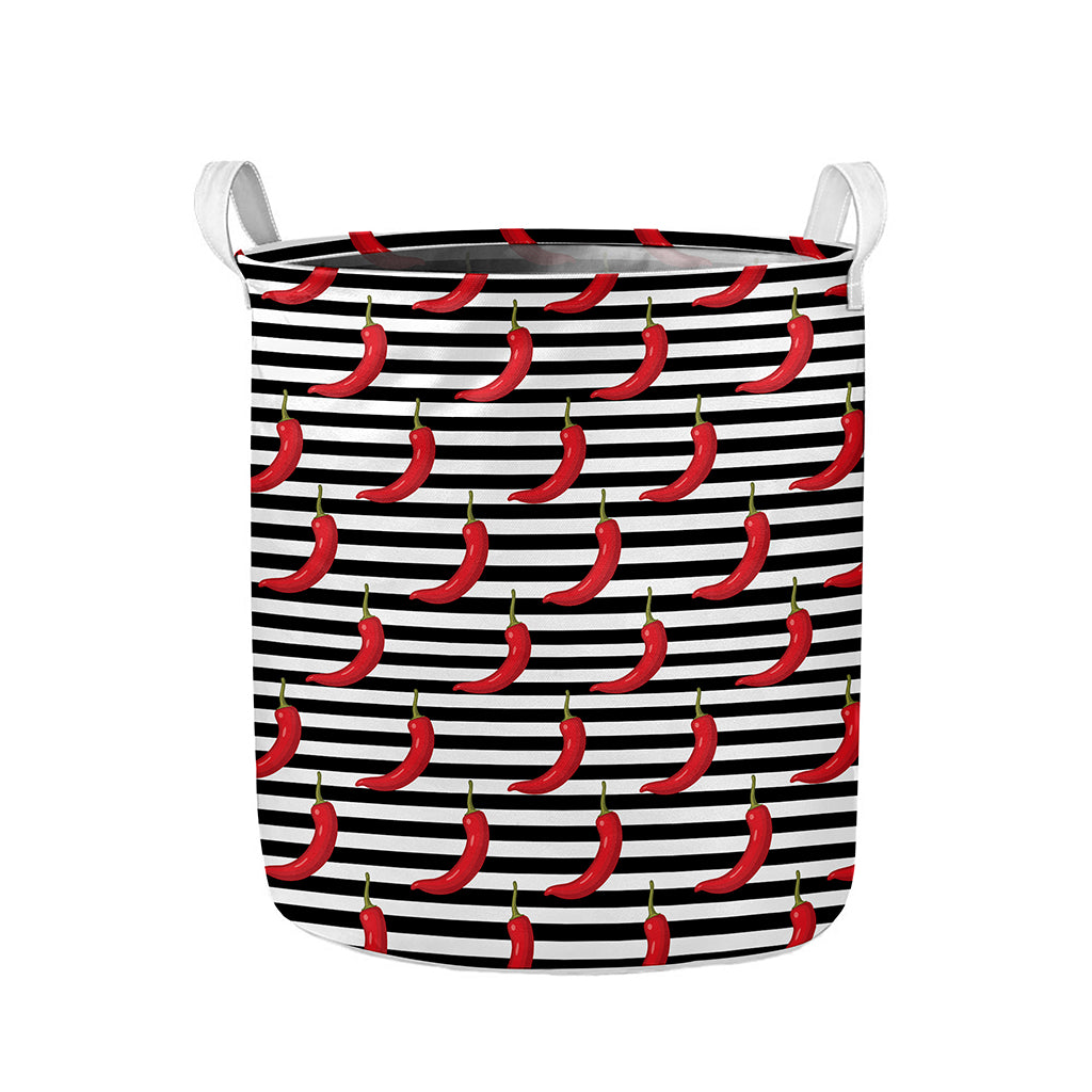 Black And White Striped Chili Print Collapsible Laundry Basket