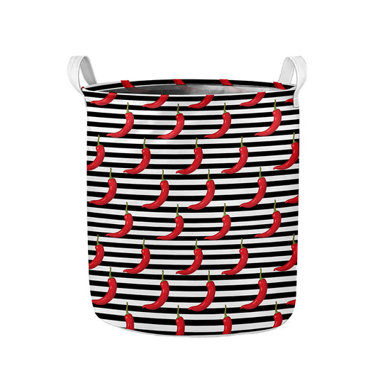 Black And White Striped Chili Print Collapsible Laundry Basket