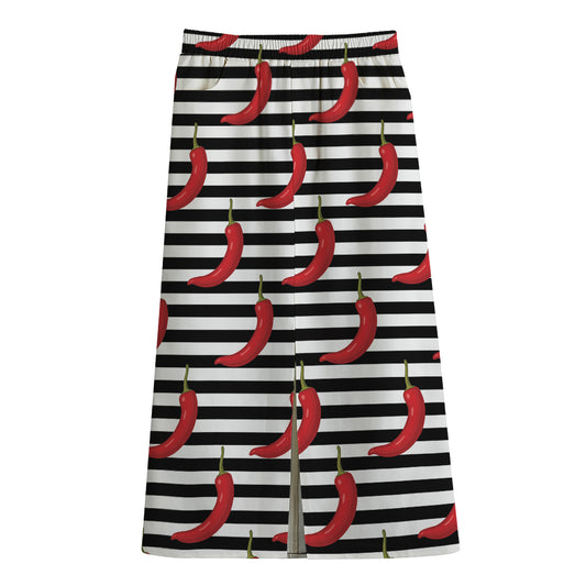Black And White Striped Chili Print Cotton Front Slit Maxi Skirt