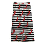 Black And White Striped Chili Print Cotton Front Slit Maxi Skirt