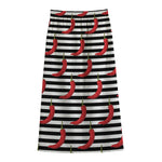 Black And White Striped Chili Print Cotton Front Slit Maxi Skirt