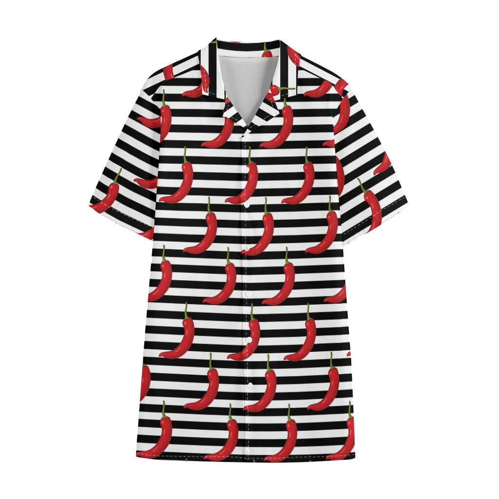 Black And White Striped Chili Print Cotton Hawaiian Shirt
