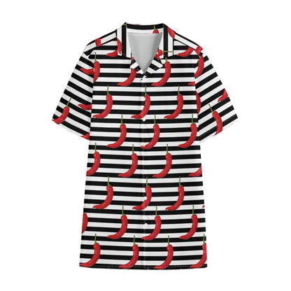 Black And White Striped Chili Print Cotton Hawaiian Shirt