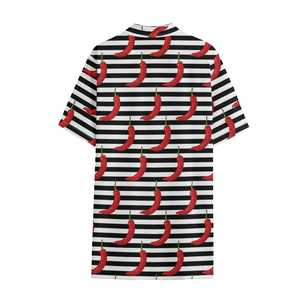 Black And White Striped Chili Print Cotton Hawaiian Shirt