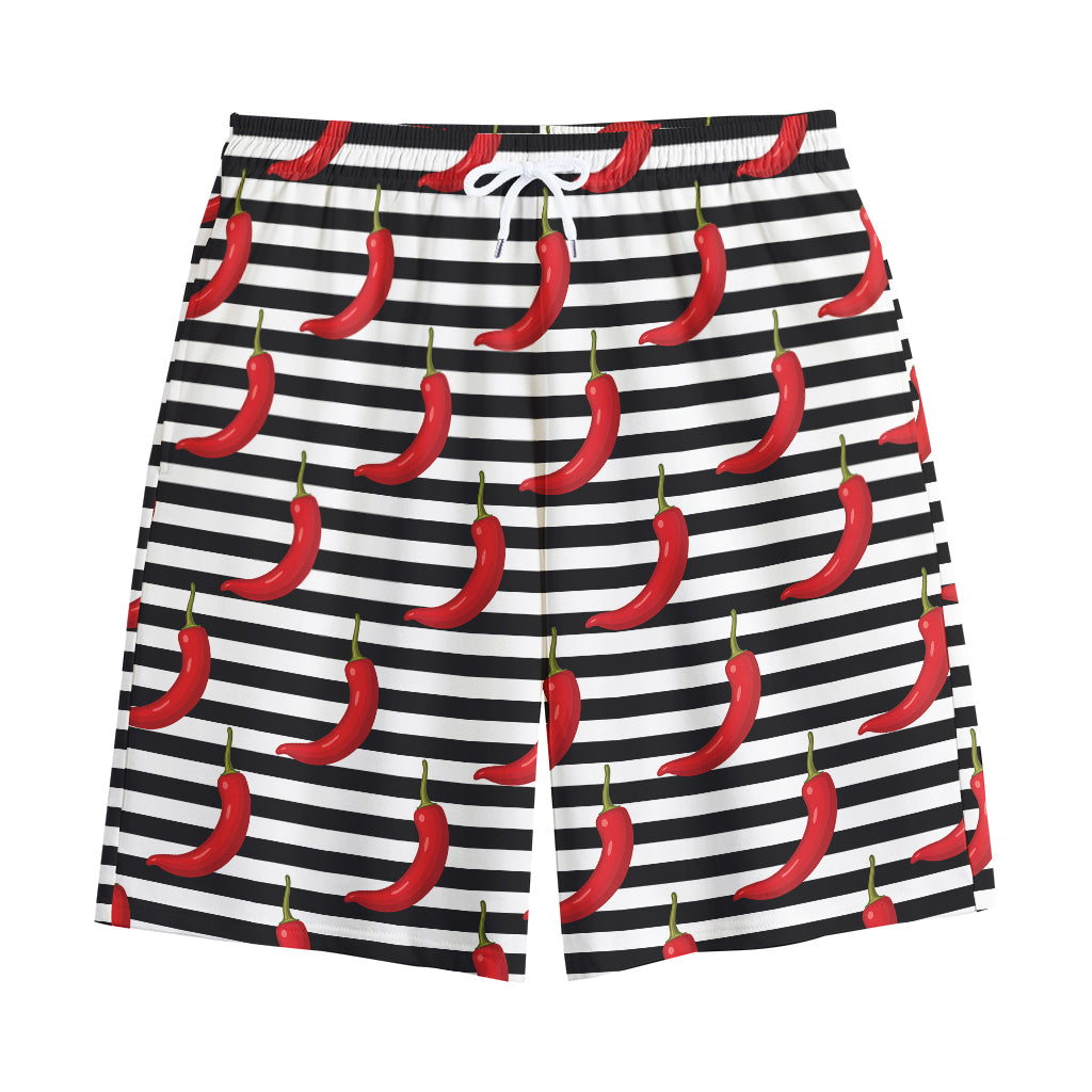 Black And White Striped Chili Print Cotton Shorts