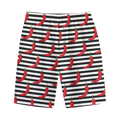 Black And White Striped Chili Print Cotton Shorts