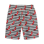 Black And White Striped Chili Print Cotton Shorts