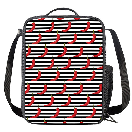 Black And White Striped Chili Print Crossbody Lunch Bag