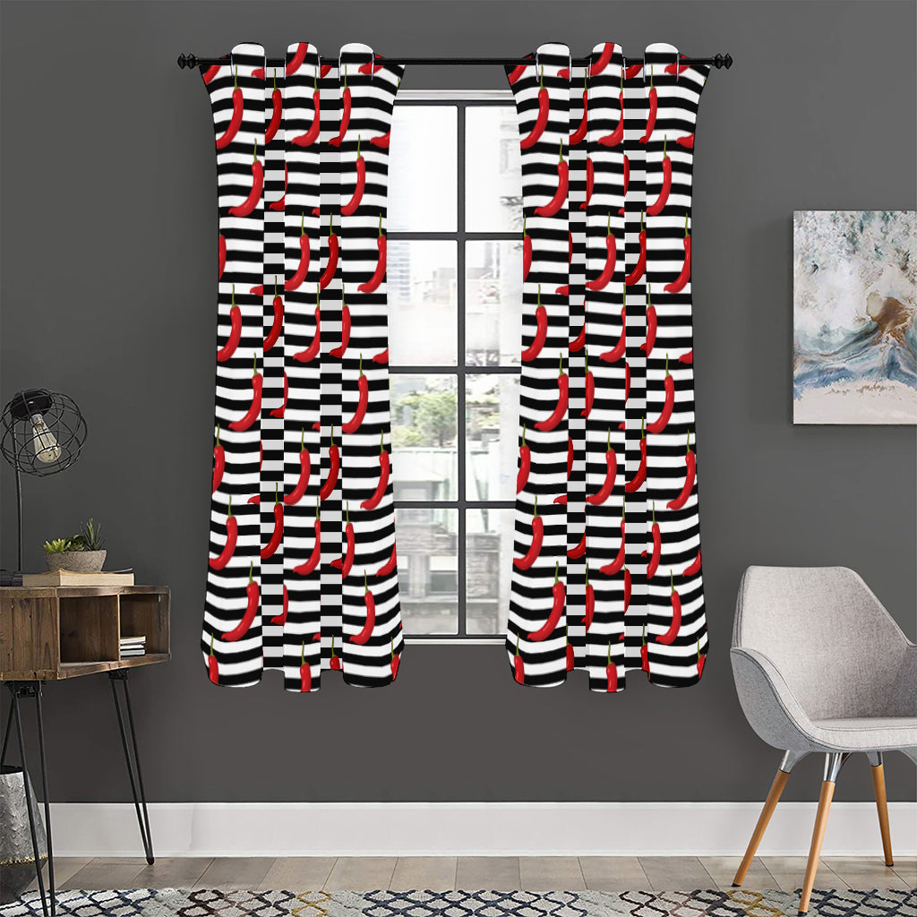 Black And White Striped Chili Print Curtain
