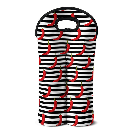 Black And White Striped Chili Print Double Neoprene Wine Tote