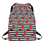 Black And White Striped Chili Print Drawstring Backpack
