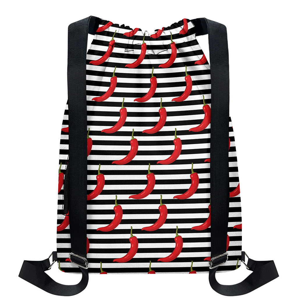 Black And White Striped Chili Print Drawstring Backpack