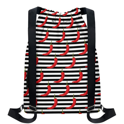 Black And White Striped Chili Print Drawstring Backpack