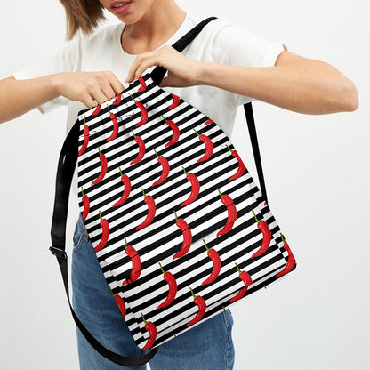 Black And White Striped Chili Print Drawstring Backpack
