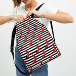 Black And White Striped Chili Print Drawstring Backpack
