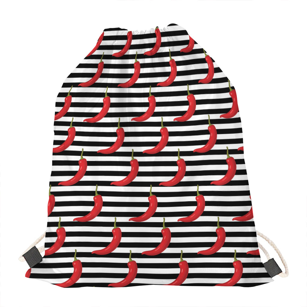 Black And White Striped Chili Print Drawstring Bag
