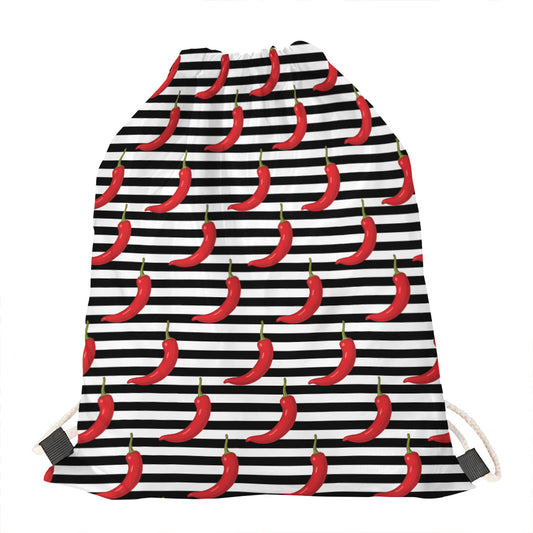 Black And White Striped Chili Print Drawstring Bag