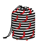 Black And White Striped Chili Print Drawstring Makeup Bag