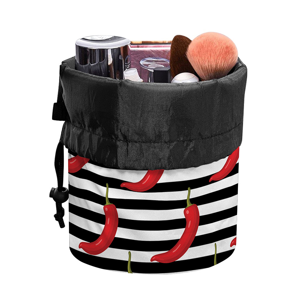 Black And White Striped Chili Print Drawstring Makeup Bag