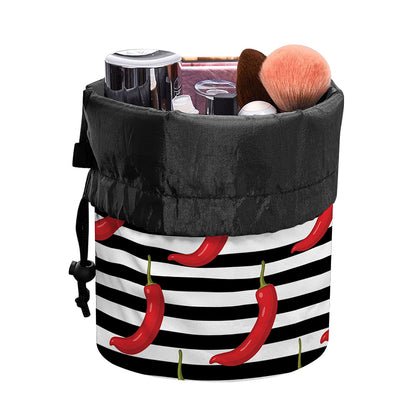 Black And White Striped Chili Print Drawstring Makeup Bag