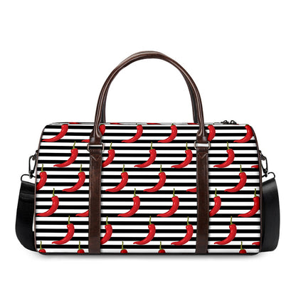 Black And White Striped Chili Print Duffle Bag