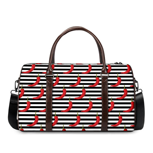 Black And White Striped Chili Print Duffle Bag