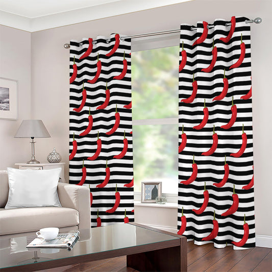 Black And White Striped Chili Print Extra Wide Grommet Curtains