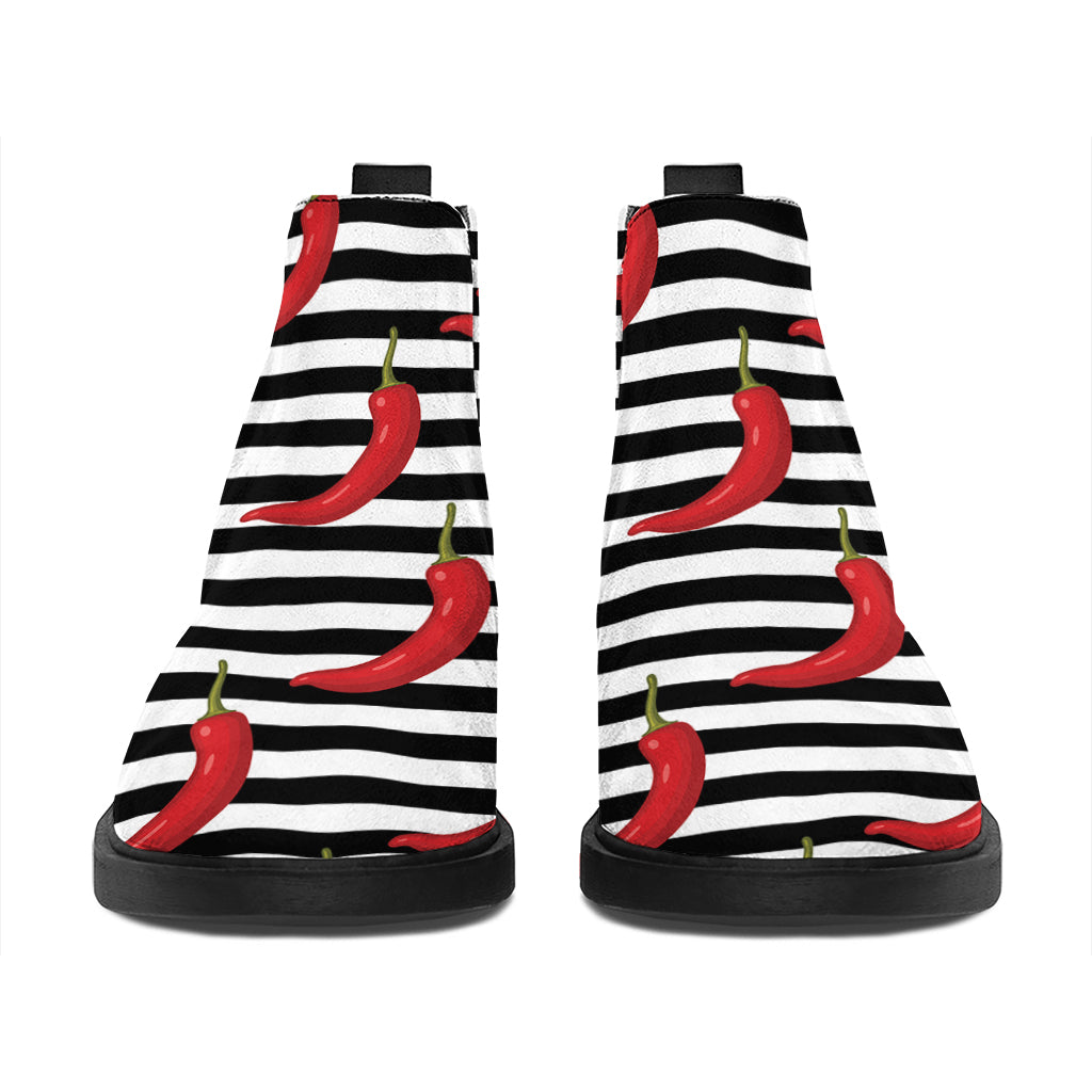 Black And White Striped Chili Print Flat Ankle Boots