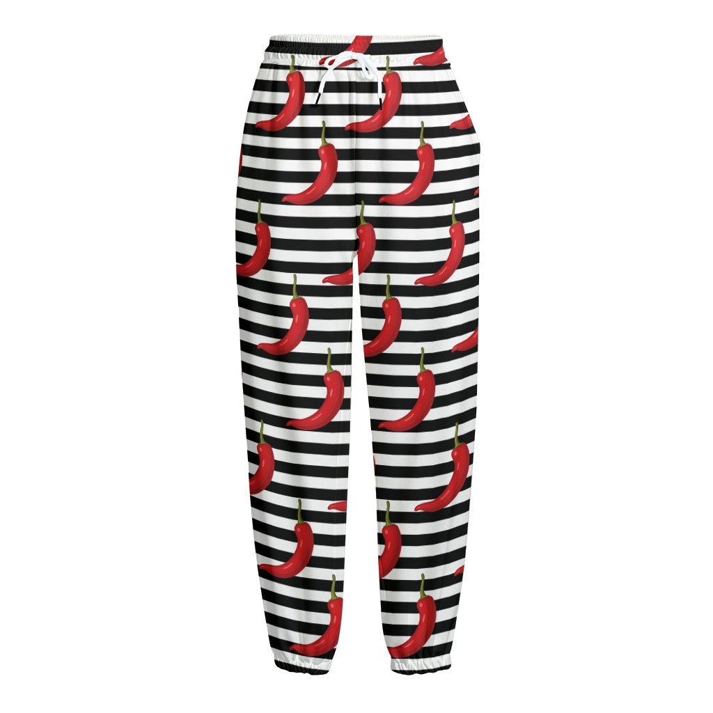 Black And White Striped Chili Print Fleece Lined Knit Pants