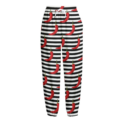 Black And White Striped Chili Print Fleece Lined Knit Pants