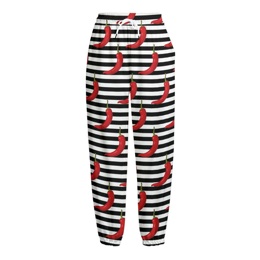 Black And White Striped Chili Print Fleece Lined Knit Pants