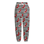 Black And White Striped Chili Print Fleece Lined Knit Pants