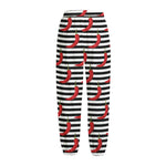 Black And White Striped Chili Print Fleece Lined Knit Pants