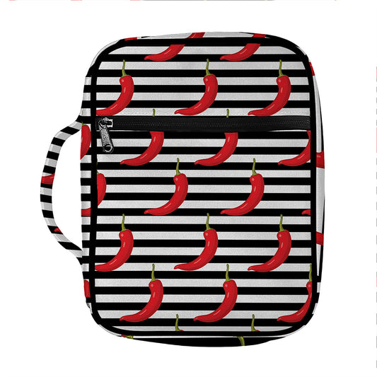 Black And White Striped Chili Print Front Pocket Bible Bag