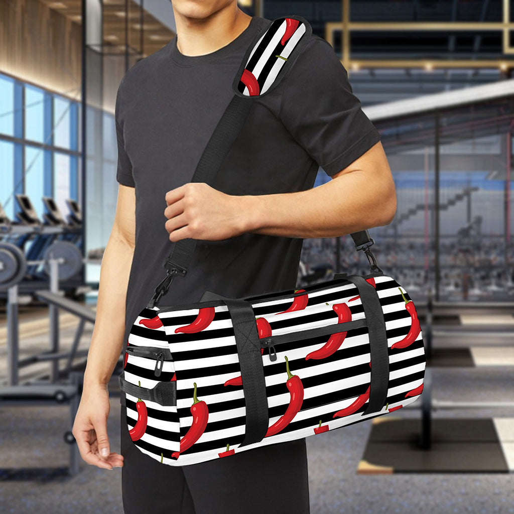 Black And White Striped Chili Print Gym Bag