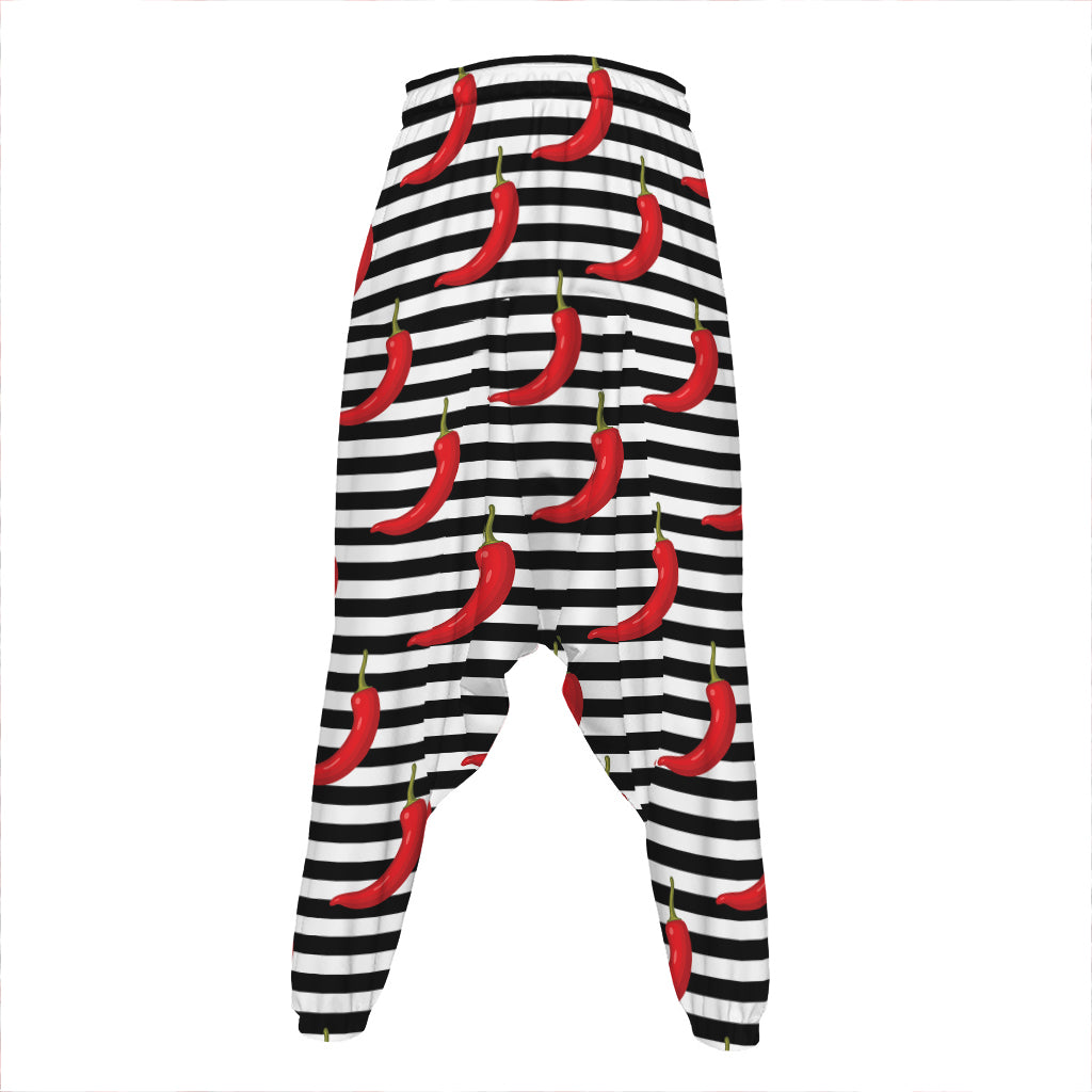 Black And White Striped Chili Print Hammer Pants